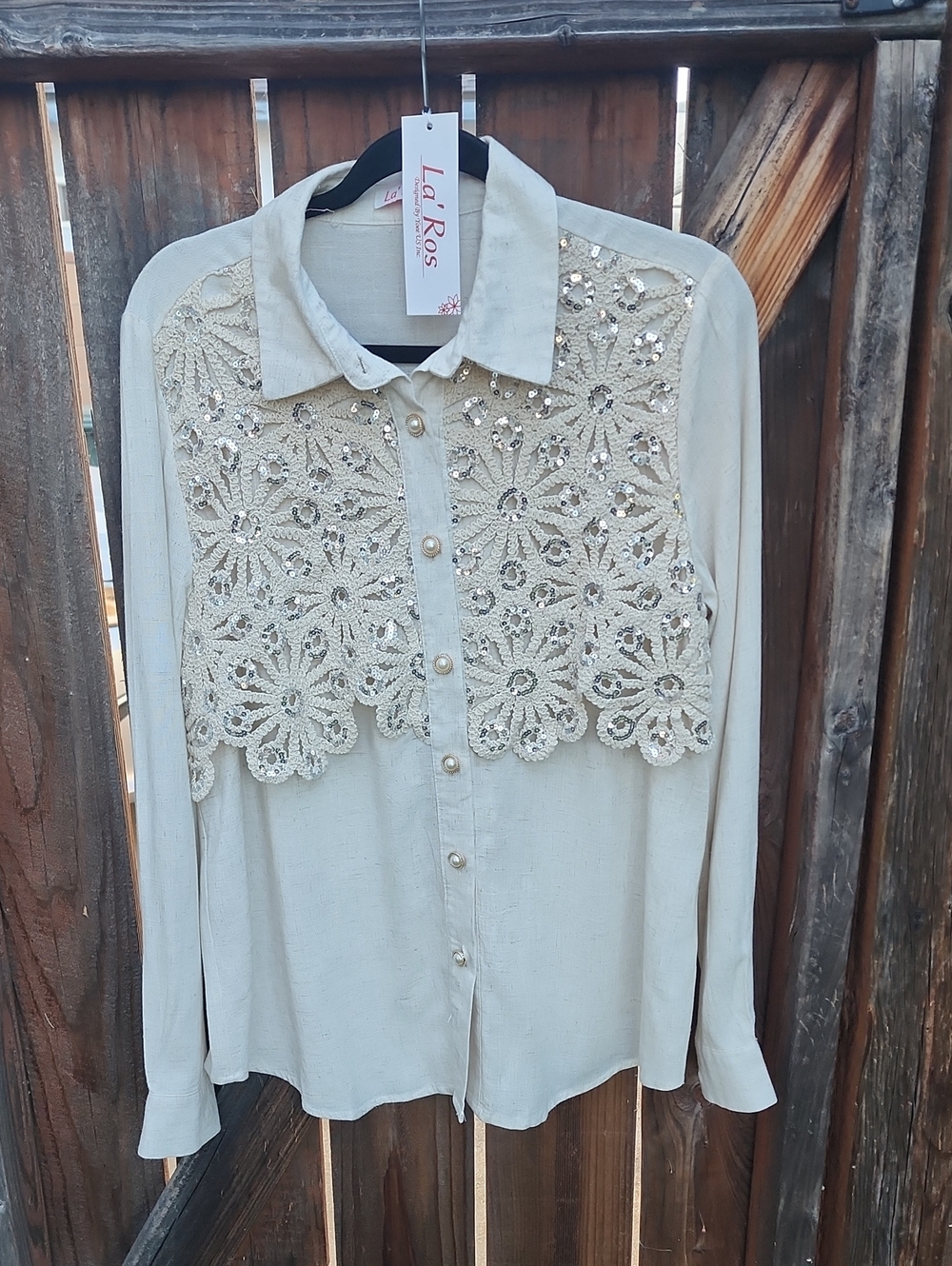 New La'Ros Cream Crochet Lace Button-Up Shirt